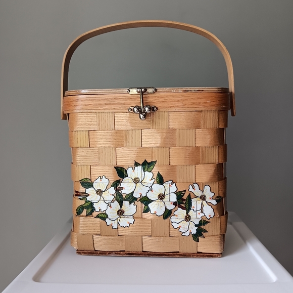 Vintage Signed Caro-Nan Floral Woven Wooden Wicker Basket Bucket Purse White Tan - Picture 11 of 16